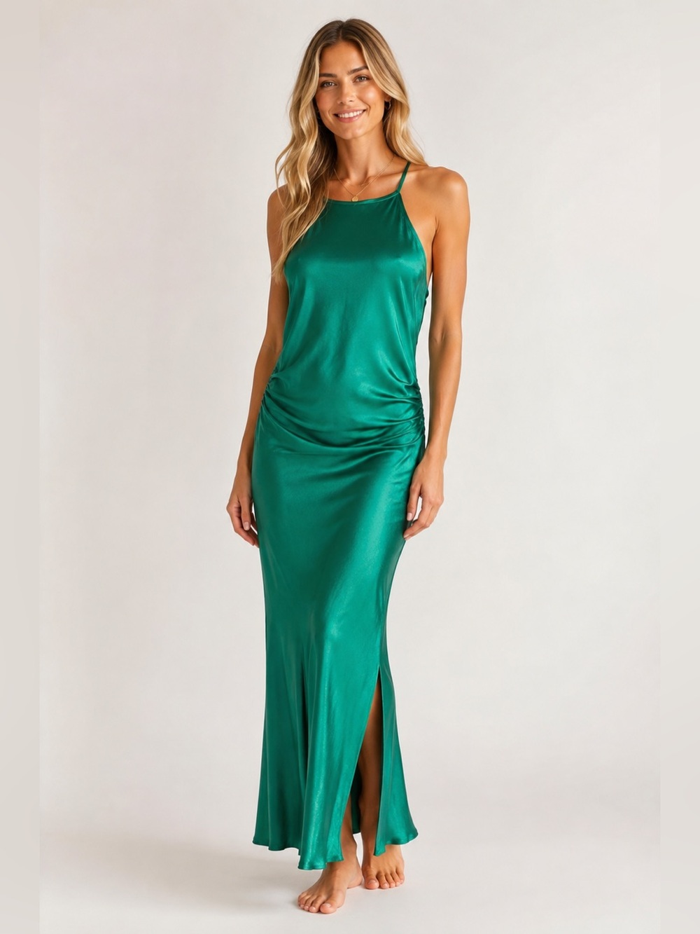 If By Sea Emerald Green Side Cutout Satin Slip Maxi Dress Size Small NWT